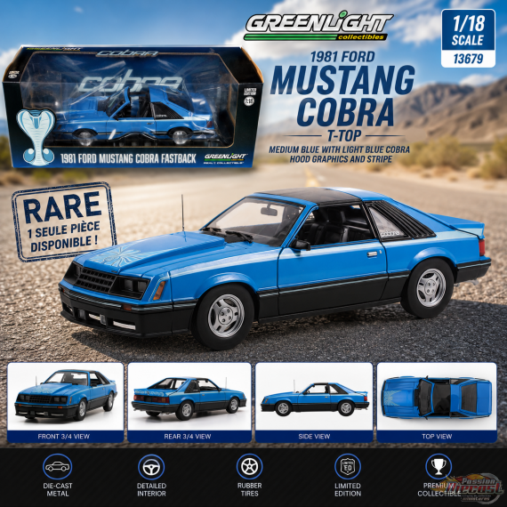 Ford Mustang Cobra T-Top 1981 - Bleu moyen avec graphismes de capot Cobra bleu et bande - Greenlight 1/18 - 13679