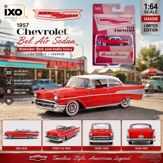 1957 Chevrolet Bel Air Sedan - Matador Red and India Ivory - IXO Models - 1:64 - IA64008 Passion Diecast