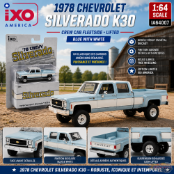 1978 Chevrolet Silverado K30 Crew Cab Fleetside Lifted - Blue with White - IXO Models - 1:64 - IA64007