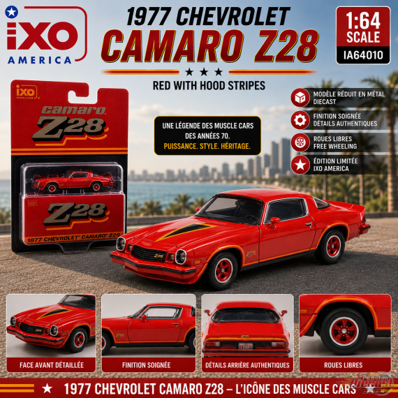 Chevrolet Camaro Z28 rouge de 1977 avec bandes sur le capot - IXO Models - 1:64 - IA64010