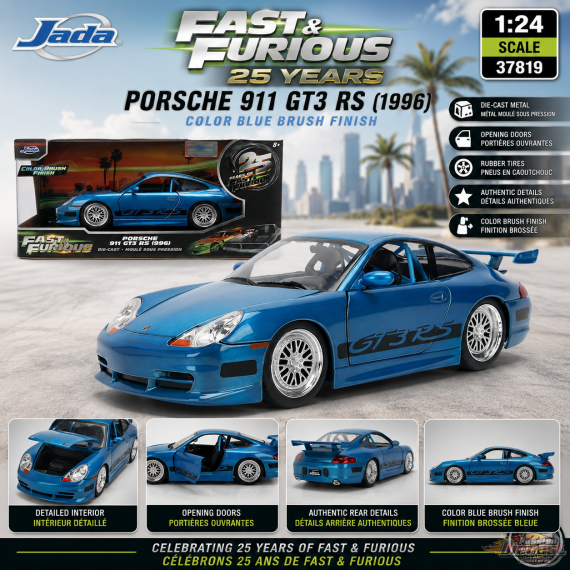 Porsche 911 GT3 RS with Color Blue Brush Finish - Fast & Furious 25 Years - Jada 1/24 - 37819 Passion Diecast