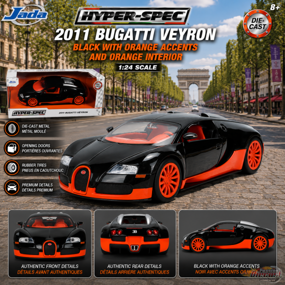 2011 Bugatti Veyron Black with Orange Accents and Orange Interior - Hyper-Spec - Jada 1/24 - 37642
