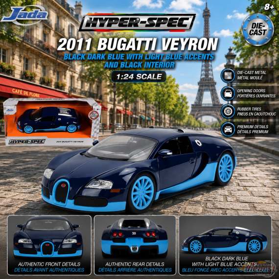 2011 Bugatti Veyron Black Dark Blue with Light Blue Accents - Hyper-Spec - Jada 1/24 - 37643