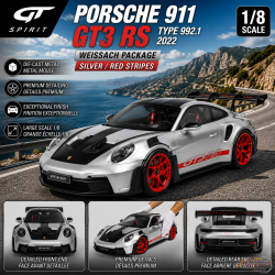 Porsche 911 GT3 RS Type 992.1 2022 Weissach Package Silver GT / Red Stripes - 1/8 - GT SPIRIT - GTS802001 Passion Diecast