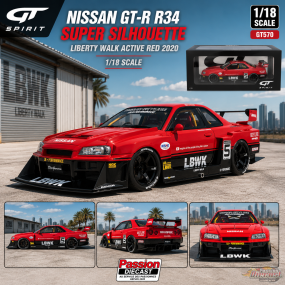 Nissan GT-R R34 Super Silhouette Liberty Walk Active rouge 2020 - 1/18 - GT SPIRIT - GT570 Passion Diecast