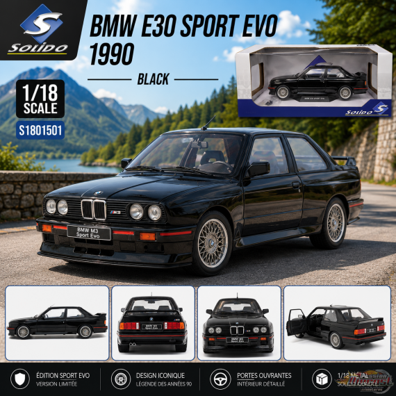 BMW E30 SPORT EVO - NOIR - 1990 - Solido - 1/18 - S1801501 - Passion Diecast 