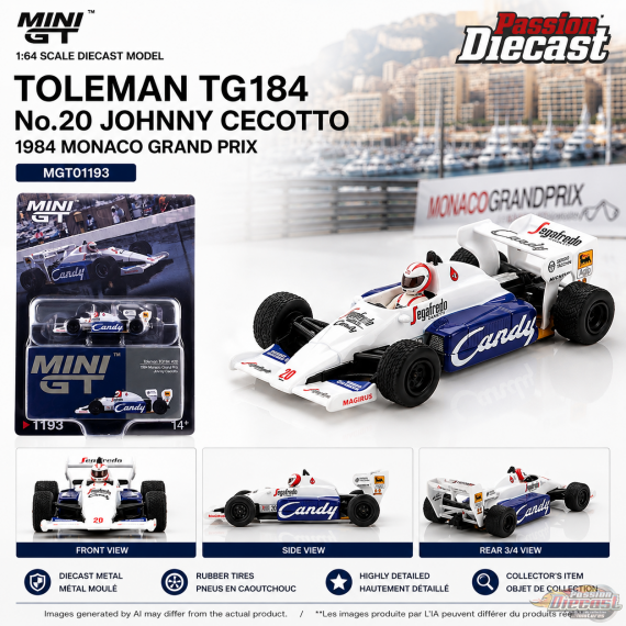 Toleman TG184 No.20 Johnny Cecotto 1984 Monaco Grand Prix - Mini GT - 1:64 - MGT01193 Passion Diecast