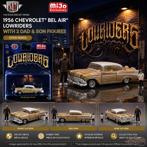 1956 Chevrolet Bel Air Lowriders with 2 Dad & Son Figures - Beige Gold - M2 Machine - 1:64 - 67500-MJS03