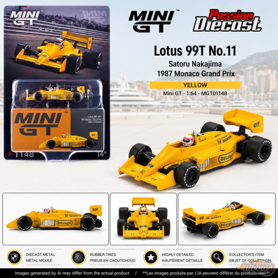Lotus 99T No.11 Satoru Nakajima 1987 Monaco Grand Prix - Yellow - Mini GT - 1:64 - MGT01148 Passion Diecast