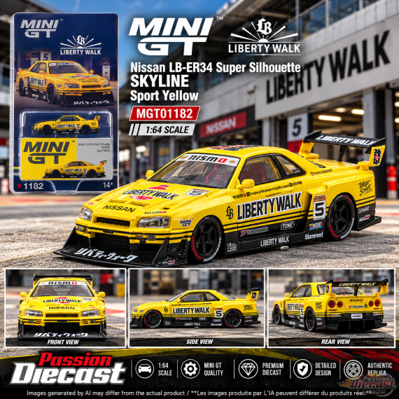 Nissan LB-ER34 Super Silhouette SKYLINE Sport Jaune - Mini GT - 1:64 - MGT01182 Passion Diecast