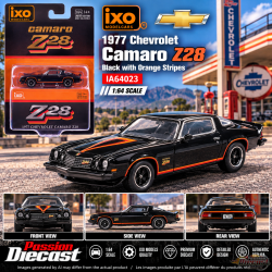 Chevrolet Camaro Z28 1977, noire avec des bandes orange - IXO Models - 1:64 -   IA64023