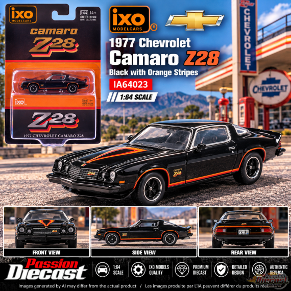 1977 Chevrolet Camaro Z28 Black  with Orange Stripes - IXO Models - 1:64 -   IA64023