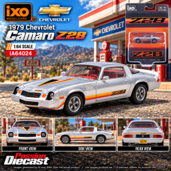 Chevrolet Camaro Z28 1979 – Argent avec des bandes orange - IXO Models - 1:64 -  IA64024