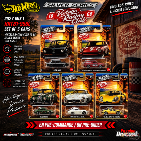 Hot Wheels 1:64 2026 Vintage Racing Club Grand Prix Caisse L Assortiment de 5 voitures - HRT81-956L Passion Diecast  