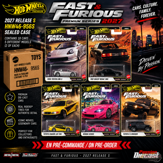 Hot Wheels 1:64 Fast & Furious Premium 2027 S Assortiment de 10 voitures - HNW46-956S Passion Diecast  