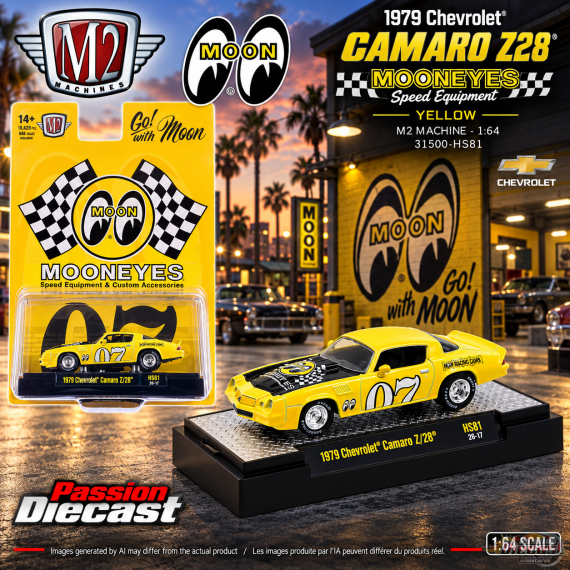 Chevrolet Camaro Z28 Mooneyes Speed ​​Equipment 1979 - Jaune - M2 Machine - 1:64 - 31500-HS81 Passion Diecast 