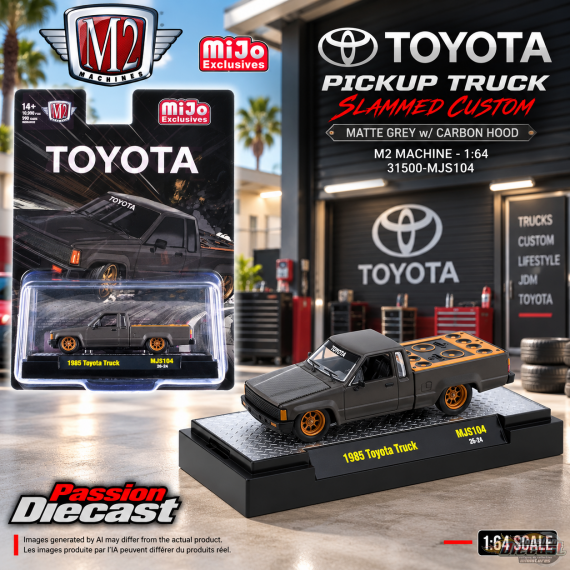 1985 Toyota Pickup Truck Slammed Custom - Matte Grey w/ Carbon Hood - M2 Machine - 1:64 - 31500-MJS104 Passion Diecast