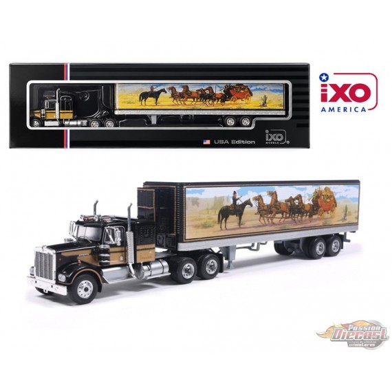 Semi-remorque Kenworth W900 1976 avec remorque - Noir avec graphismes - IXO Models - 1:64 - U64TRTR004S