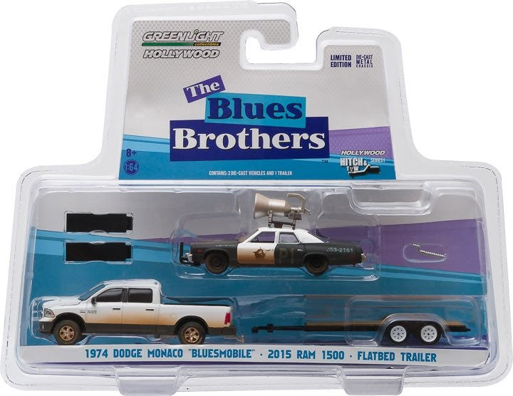 Blues Brothers - 2015 Ram 1500 Avec 1974 Dodge Monaco "Bluesmobile" on Flatbed Trailer -Greenlight 1/64 - 31010 C - Diecast 