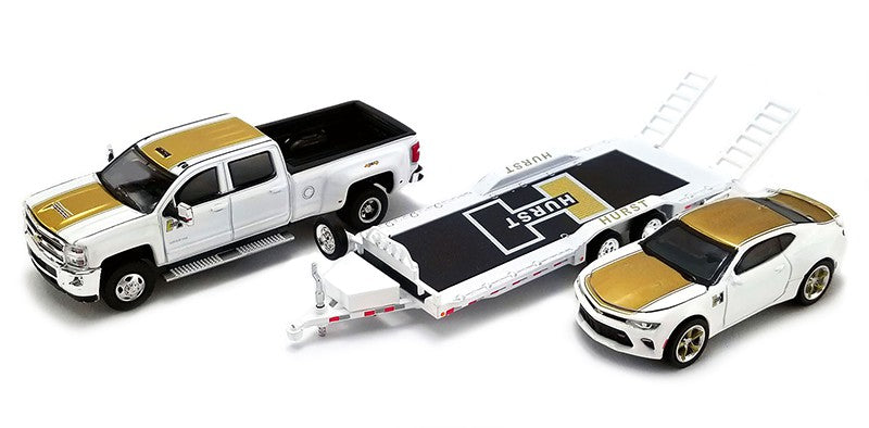 Hurst Performance - 2018 Chevrolet 3500 Dually Pickup with  Camaro SS on Trailer - Acme 1/64 -  51323 - Passion Diecast 
