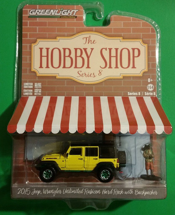 2015 Jeep Wrangler Unlimited Rubicon Hard Rock with Backpacker - Hobby Shop Series 8 - 1/64 Greenlight-  97080 F