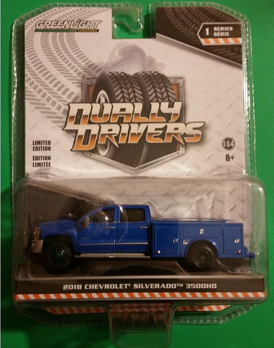 2018 Chevrolet Silverado 3500 Dually Service Bed in Deep Ocean Blue Metallic Dually Drivers Series 1   greenlight 1-64 - 46010 B