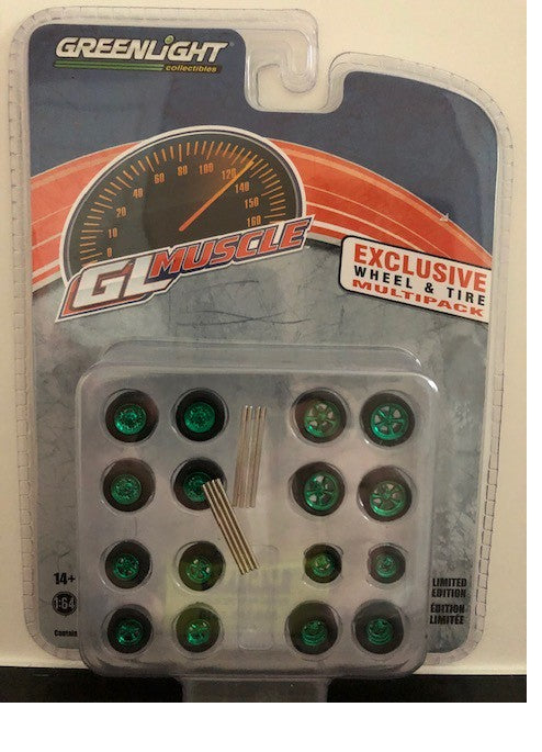 1-64 GL Muscle  Wheel & Tire Pack - 16 Wheels, 16 Tires, 4 Axles (Hobby Exclusive) GREENMACHINE