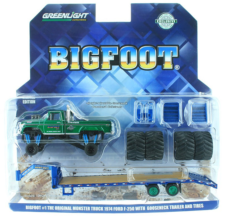 Bigfoot 1 1974 Ford F-250 Monster Truck on Gooseneck Trailer and tires   (Hobby Exclusive) 1/64 Greenlight 30054