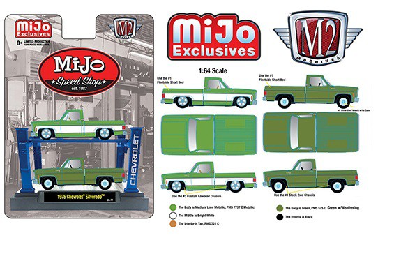 2x 1975 Chevrolet Silverado SQUAREBODY - Mijo Speed Shop with 4 post Lift - M2 Machines 1:64 - 33000-MJS01 -  Passion Diecast 