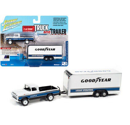 1959 Ford F-250 Good Year w/ Enclosed Trailer White - Johnny Lightning  1:64 - JLCP7338-B Passion Diecast 