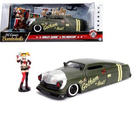 1951 Mercury Mat Green  with Harley Quinn Figure  - DC Comics -  Jada 1/24 - 30456 - Passion Diecast 