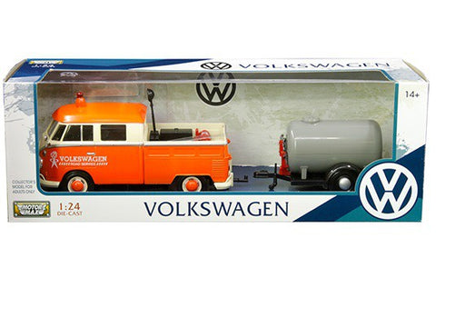Volkswagen Type 2 (T1) Serivce Pickup with Oil Trailer Orange/beige -  Motormax 1-24 -  79674 MJ - Passion Diecast 