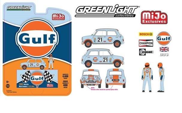 1967 Austin mini Cooper " GULF " w/ Driver Figure  - greenlight 1/64 - MiJo Exclusives - 51378 - Passion Diecast