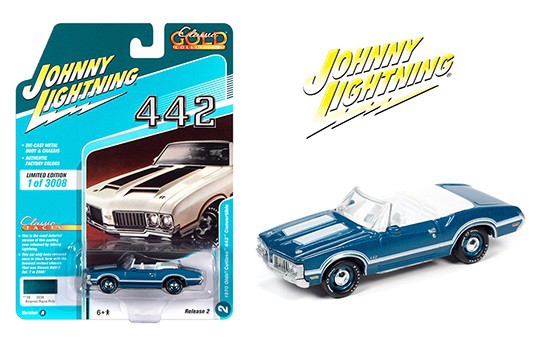 1970 Oldsmobile 442 Convertible Agean Aqua - Classic Gold Release 2 -  Johnny Lightning 1:64 - JLSP102 A -  Passion Diecast 