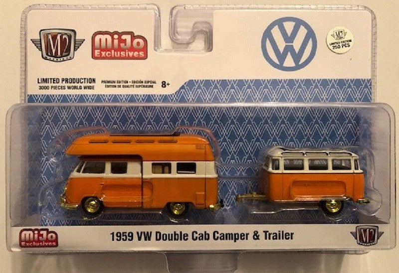 1959 Volkswagen Bus  Double Cab Camper With Trailer - SUPER CHASE CAR M2 Machines 1/64 Auto Trailer - 38100 MJS03GR