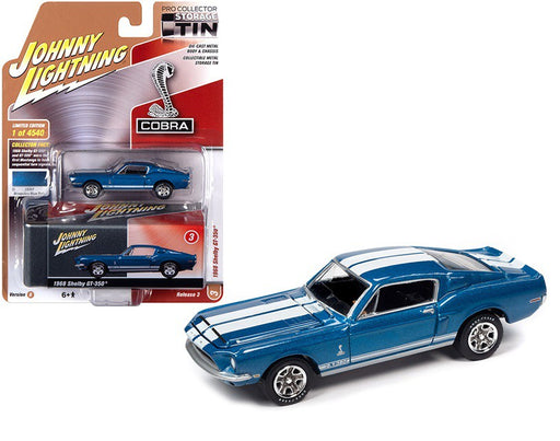 1968 Ford Mustang Shelby GT-350 Acapulco Blue  with White Stripes -Collector Tin - Johnny Lightning -   1:64 - JLSP109 B