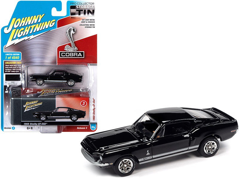 1968 Ford Mustang Shelby GT-350 Raven Black  with White Stripes -Collector Tin - Johnny Lightning -   1:64 - JLSP109 A