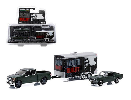 Ford F-150 and 1968 Ford Mustang GT with Enclosed Car Hauler  "Bullitt" Movie - Greenlight 1/64 - 51007  - Passion Diecast 