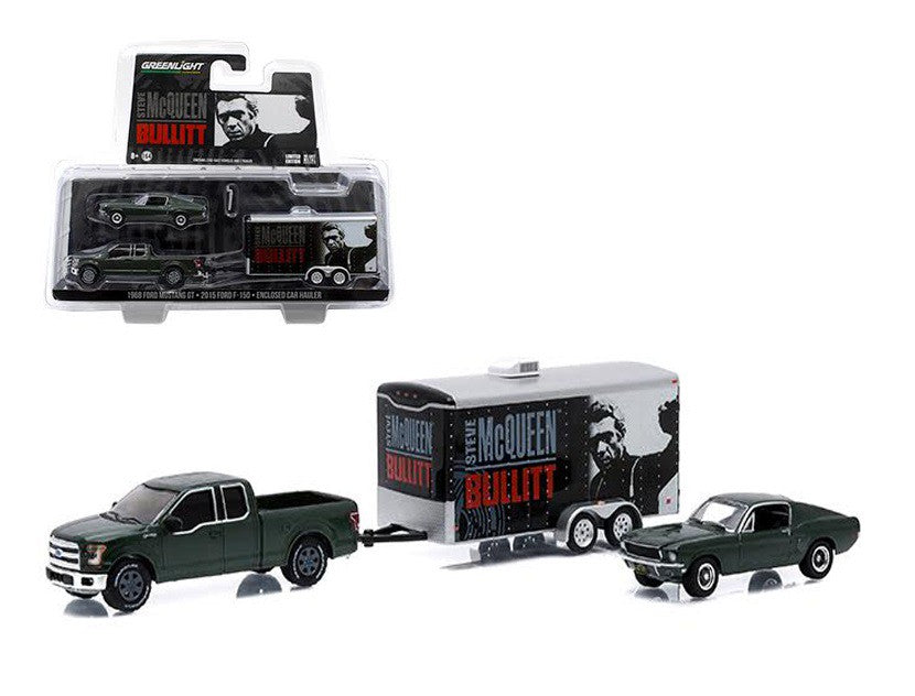 Ford F-150 and 1968 Ford Mustang GT with Enclosed Car Hauler  "Bullitt" Movie - Greenlight 1/64 - 51007  - Passion Diecast 