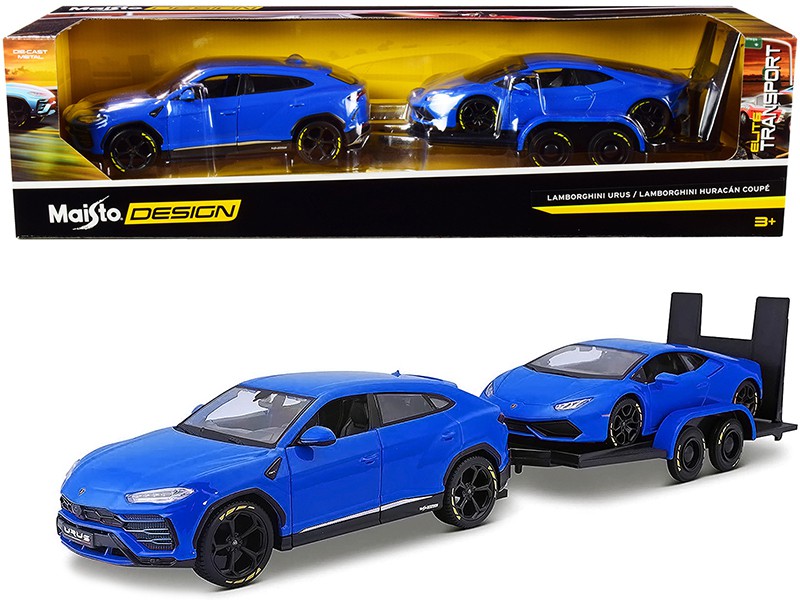 Lamborghini Urus Blue with Lamborghini Huracan Coupe Blue and Flatbed Trailer   -  Maisto 1.24 - 32753 - Passion Diecast 