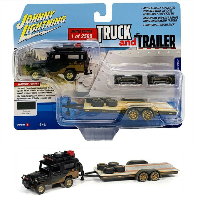 1980 Toyota Land Cruiser Flat Black Dirty with Open Trailer - Johnny Lightning  1:64 - JLBT013 B -  Passion Diecast 