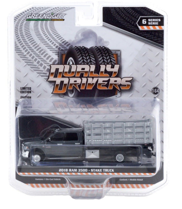 2018 Ram 3500 Dually Stake Truck in Granite Crystal - Dually Drivers  6 - Greenlight 1-64 - 46060 E  -  Passion Diecast
