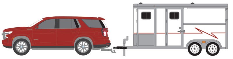2021 Chevrolet Tahoe in Cherry Red Tintcoat with Horse Trailer - Hitch & Tow 23, 1/64 Greenlight - 32230 C