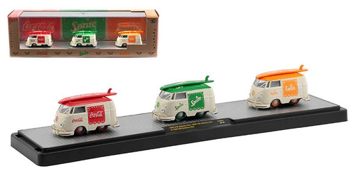 1960 Volkswagen Delivery Van 3-Pack - Coca-Cola Red, Sprite Green, and Fanta Orange - M2 1/64 - 56000-TW06 A - Passion Diecast 