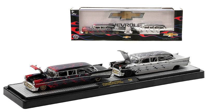 1957 Chevy Bel Air  Black Pearl / Flames and 1957 Chevy Bel Air in Flat Silver and  Black / Flames -  M2 1/64 - 36000 43  A