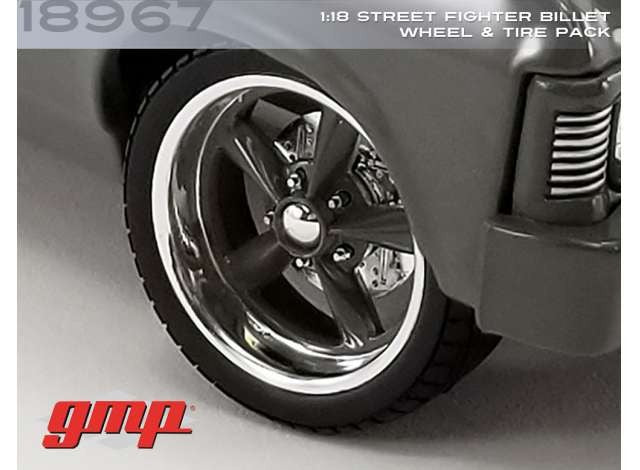 Street Fighter Billet Wheel & Tire Pack - Dark Grey Spokes with Chrome Lip (from GMP18957) - 1/18 GMP - 18967