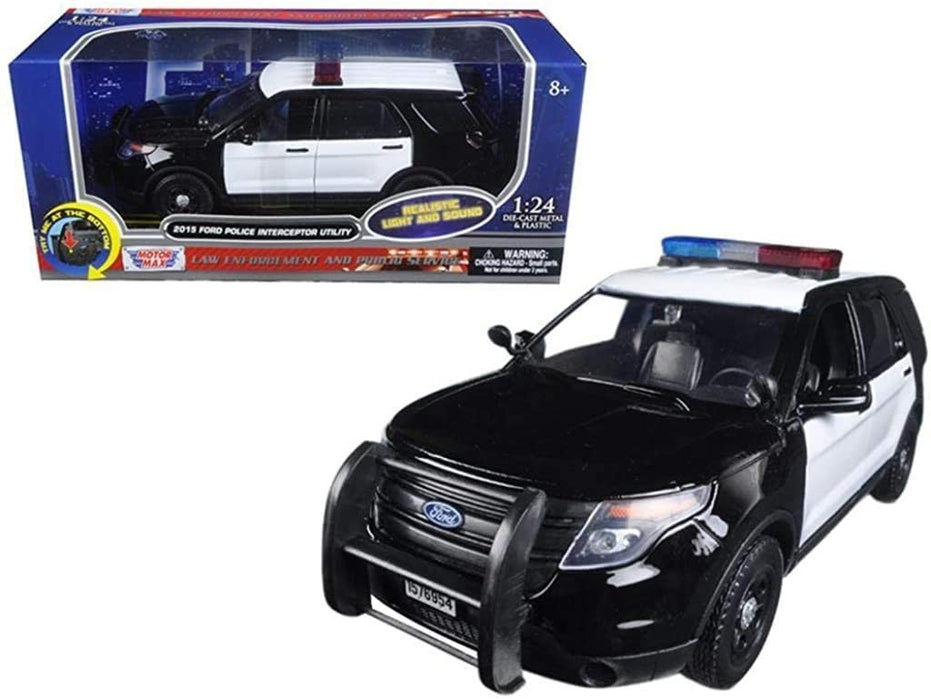 2015 Ford Police Interceptor Utility  with Flashing Light Bar, Front & Rear Lights & 2 Sounds-Motormax 1/24-79536-PassionDiecast