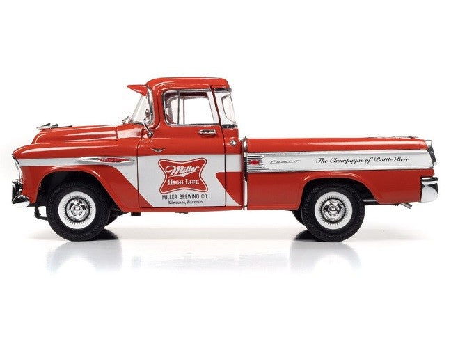 1957 Chevy Cameo Pickup Miller High Life (Miller Beer) Red/White - Auto World 1/18 - AW287
