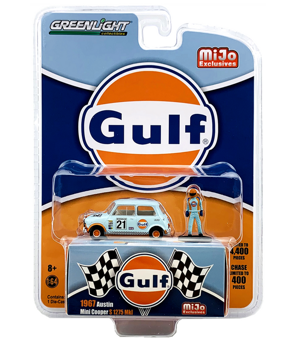 1967 Austin mini Cooper " GULF " w/ Driver Figure  - greenlight 1/64 - MiJo Exclusives - 51378 - Passion Diecast