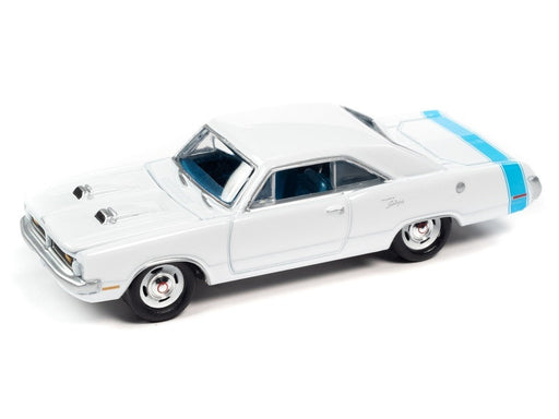 1970 Dodge Dart Swinger White with Rear Light Blue Stripe - Muscle Car USA Johnny Lightning 1:64 - JLSP176 A   JLMC027